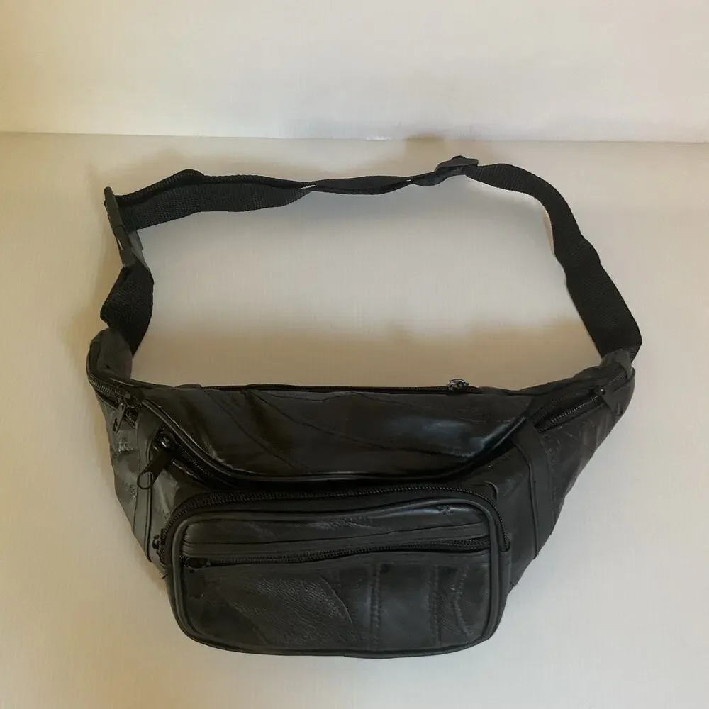 Vintage Genuine Leather Black Fanny Pack Waist Bag Multi Pocket Adjustable